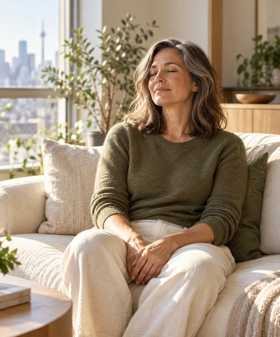 A woman taking a peaceful moment in her sunlit home